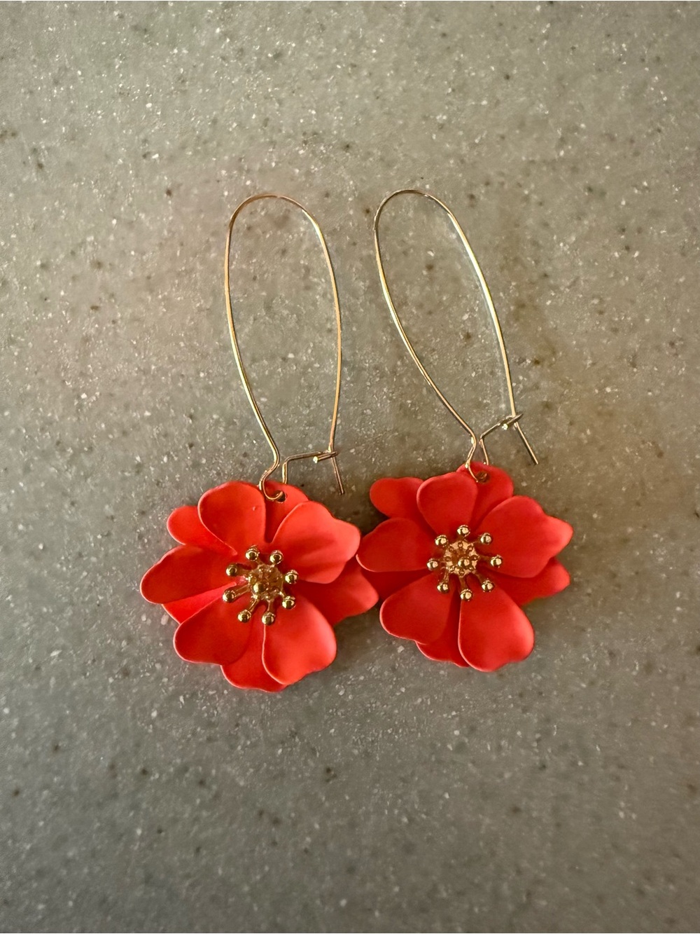 Gold-Tone Hook Red Petal Flower Drop Earrings